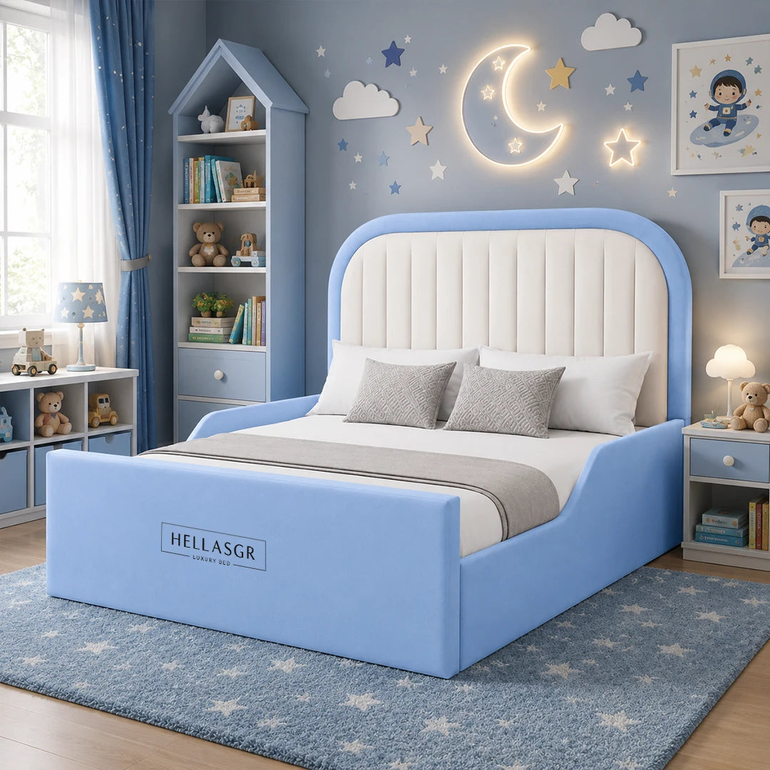 A light blue and white children's bed frame with a padded headboard and footboard
