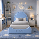 A children's bedroom featuring a light blue curved bed frame with a matching footboard