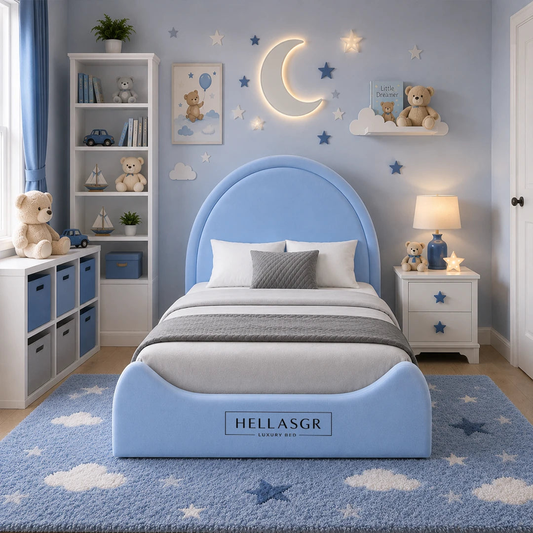 A children's bedroom featuring a light blue curved bed frame with a matching footboard