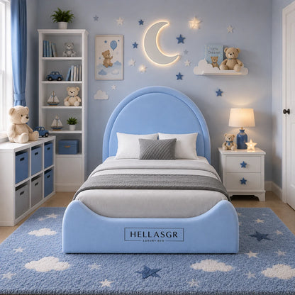 A children's bedroom featuring a light blue curved bed frame with a matching footboard