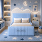 A light blue upholstered bed with a tall channel-tufted headboard and matching footboard
