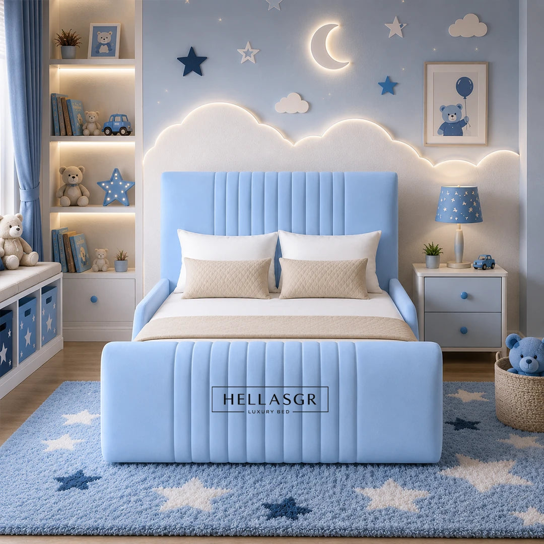 A light blue upholstered bed with a tall channel-tufted headboard and matching footboard