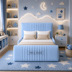 A light blue upholstered bed with a tall channel-tufted headboard and matching footboard