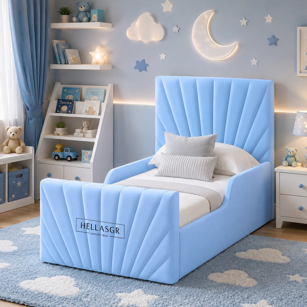 A light blue upholstered children's bed with a tall pleated headboard and matching footboard