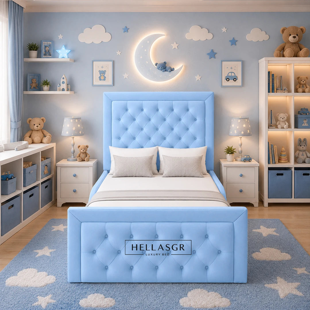 A light blue tufted children's bed frame with a matching headboard and footboard