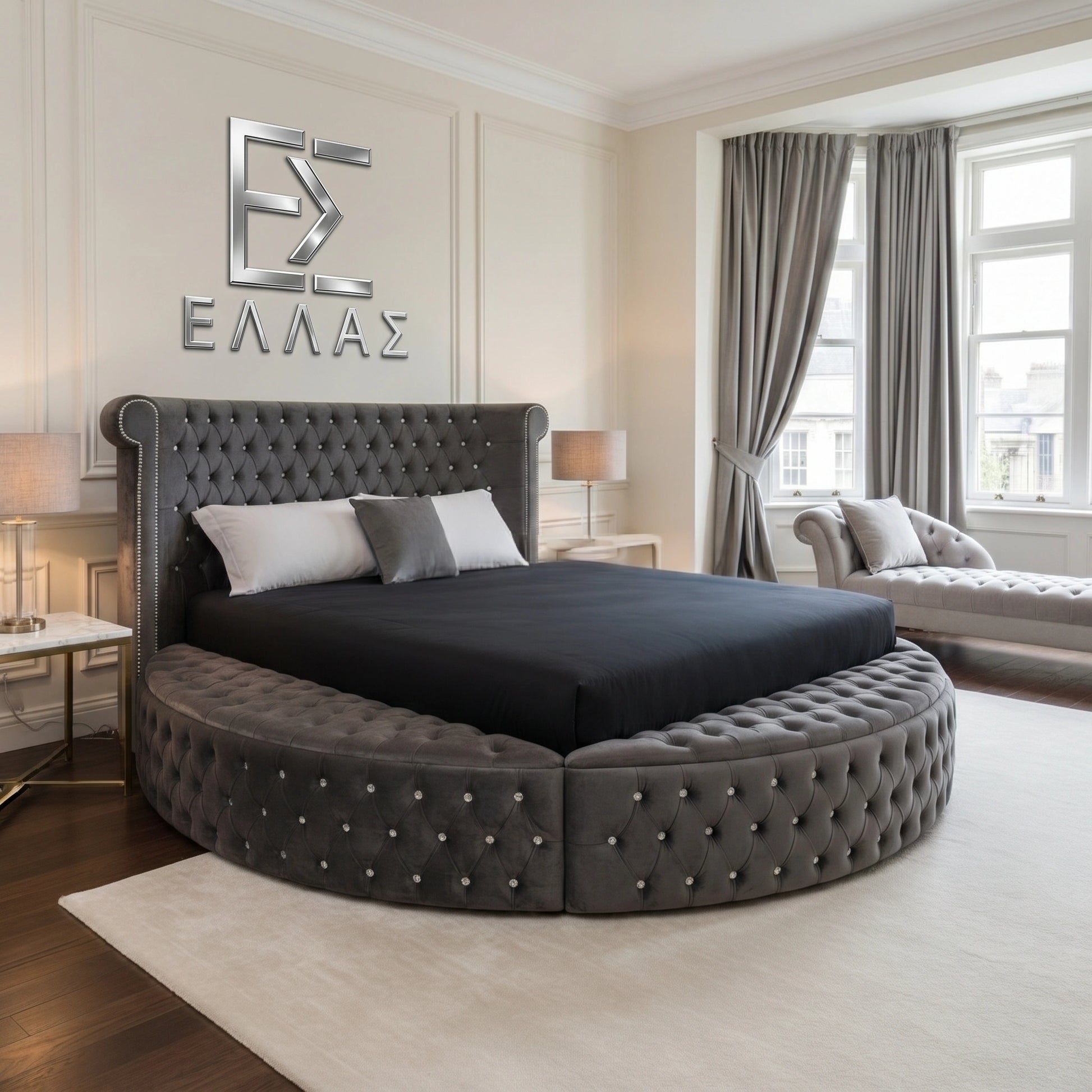 Modern bedroom with a round tufted Diamond Orbit bed and decorative elements.
