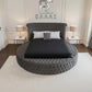 Round Diamond Orbit gray bed in a bedroom with 'ELLA' branding on the wall.