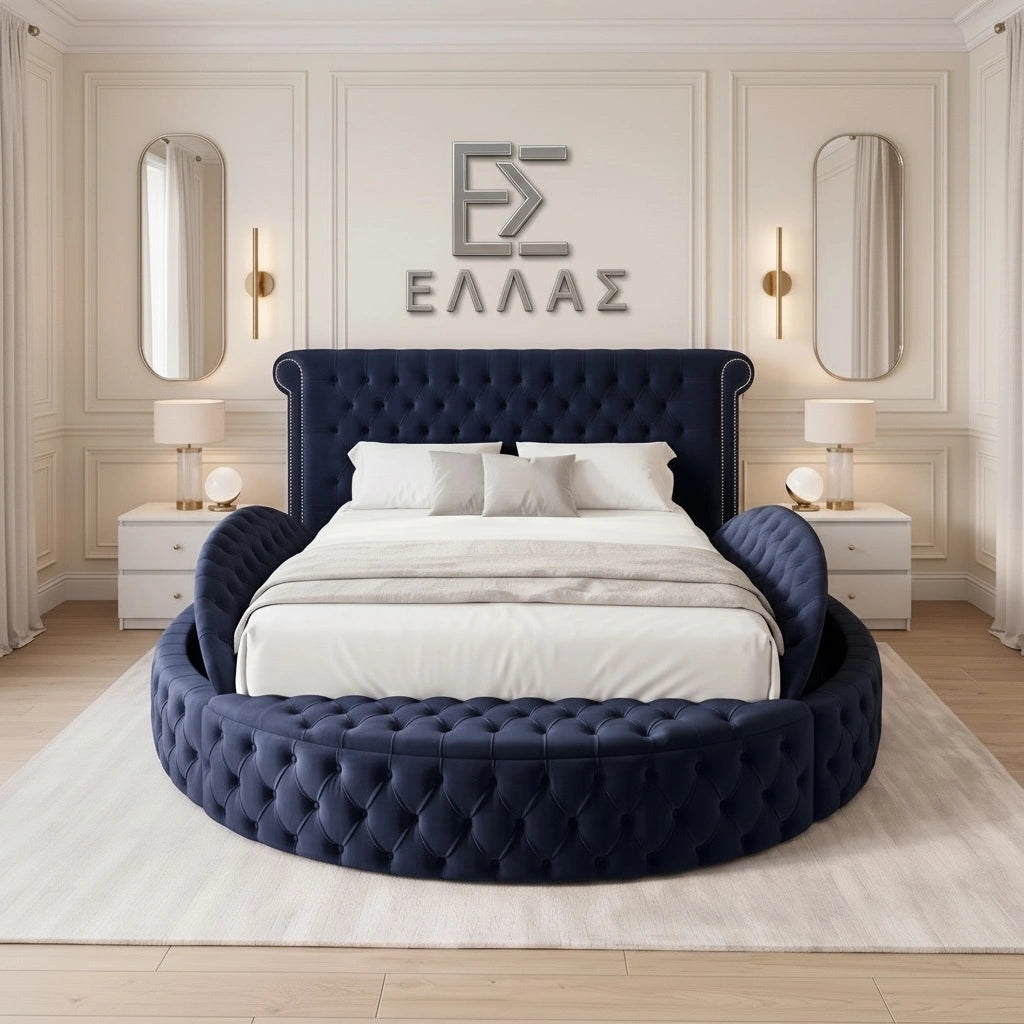 Elveria Orbit Round bed with navy blue tufted frame in a stylish bedroom setting.