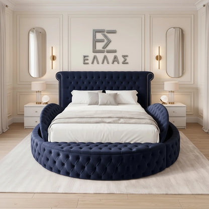 Elveria Orbit Round bed with navy blue tufted frame in a stylish bedroom setting.