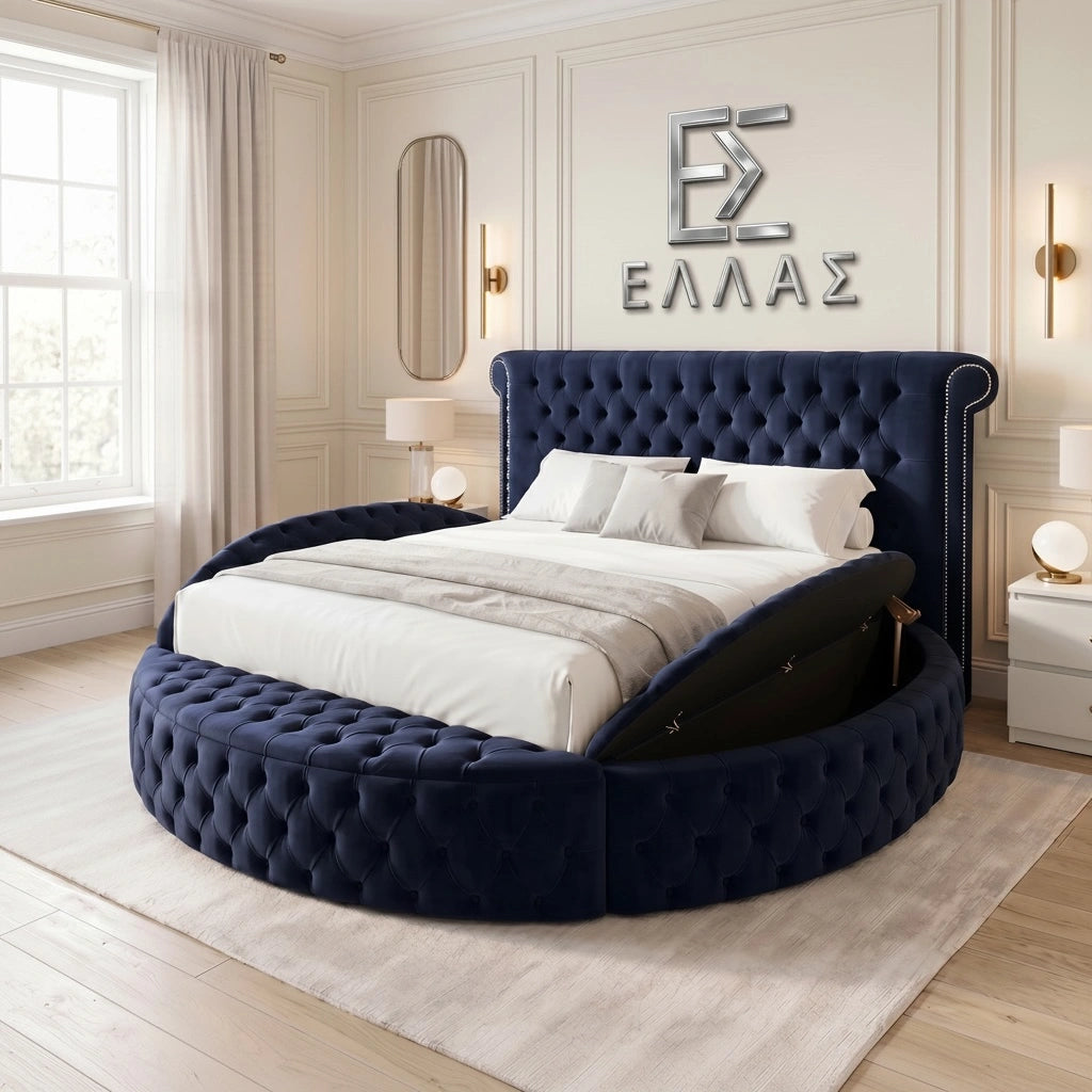 Navy blue tufted Elveria Orbit Round bed in a stylish bedroom with decorative elements.