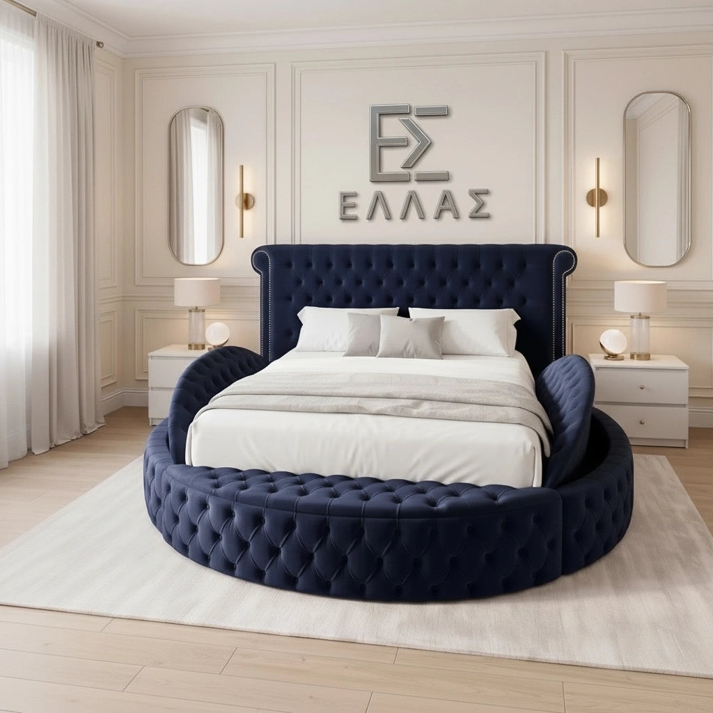 Elveria Orbit Round bed with navy blue tufted headboard in a stylish bedroom.