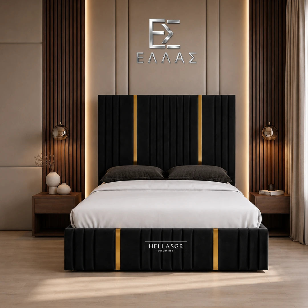 Florida Gold Trim Bed, Gold Trim Bed, High Headboard Bed, Storage Compartment Bed 