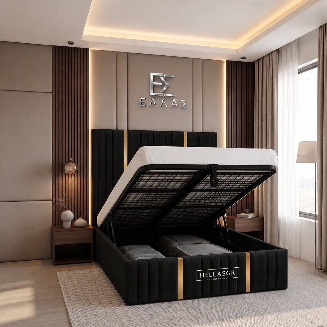 Florida Gold Trim Bed, Gold Trim Bed, High Headboard Bed, Storage Compartment Bed 
