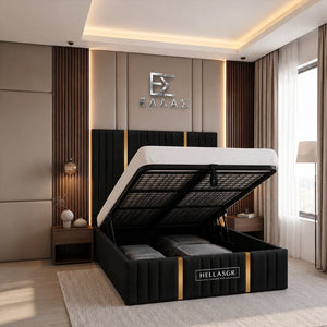 Florida Gold Trim Bed, Gold Trim Bed, High Headboard Bed, Storage Compartment Bed 