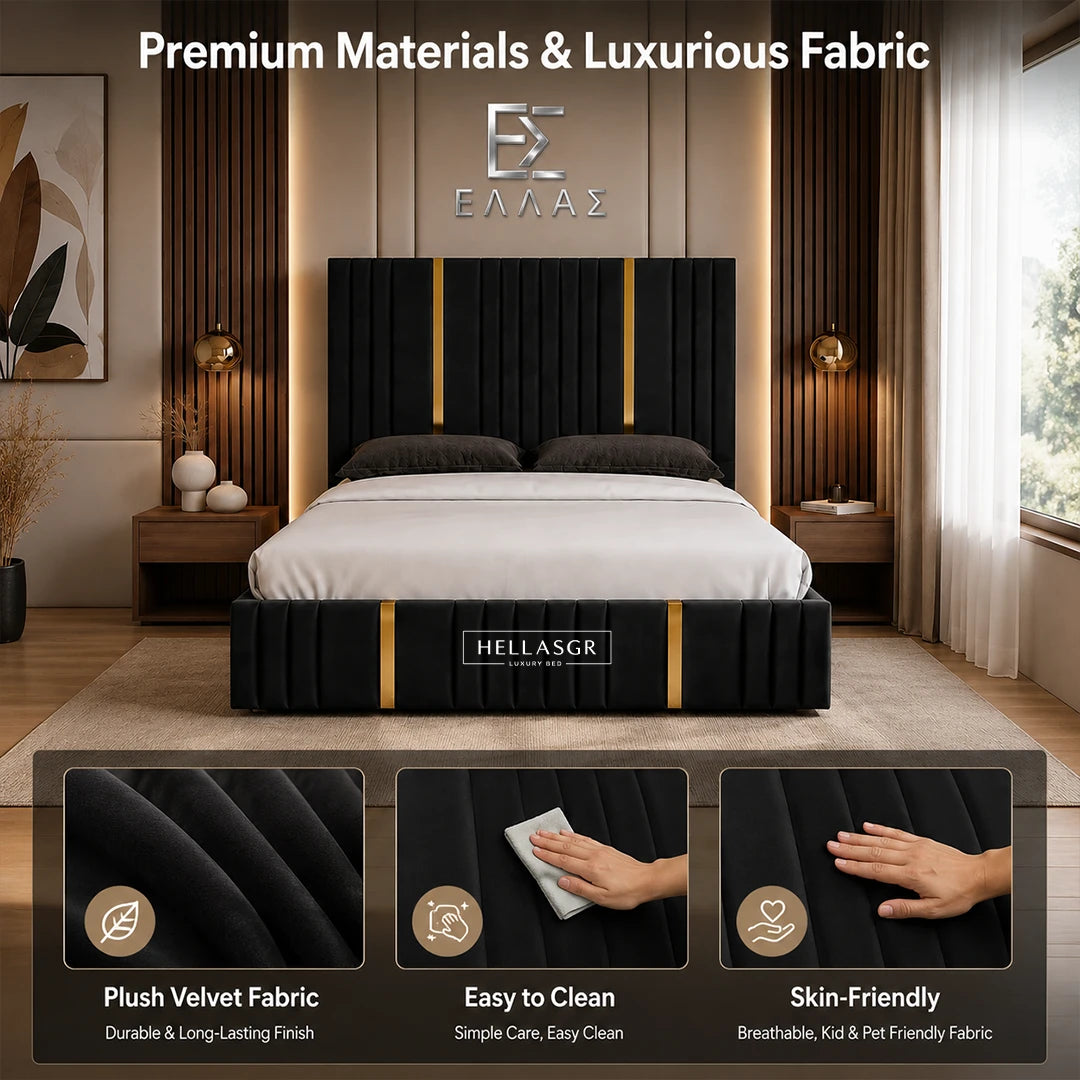 Florida Gold Trim Bed, Gold Trim Bed, High Headboard Bed, Storage Compartment Bed 