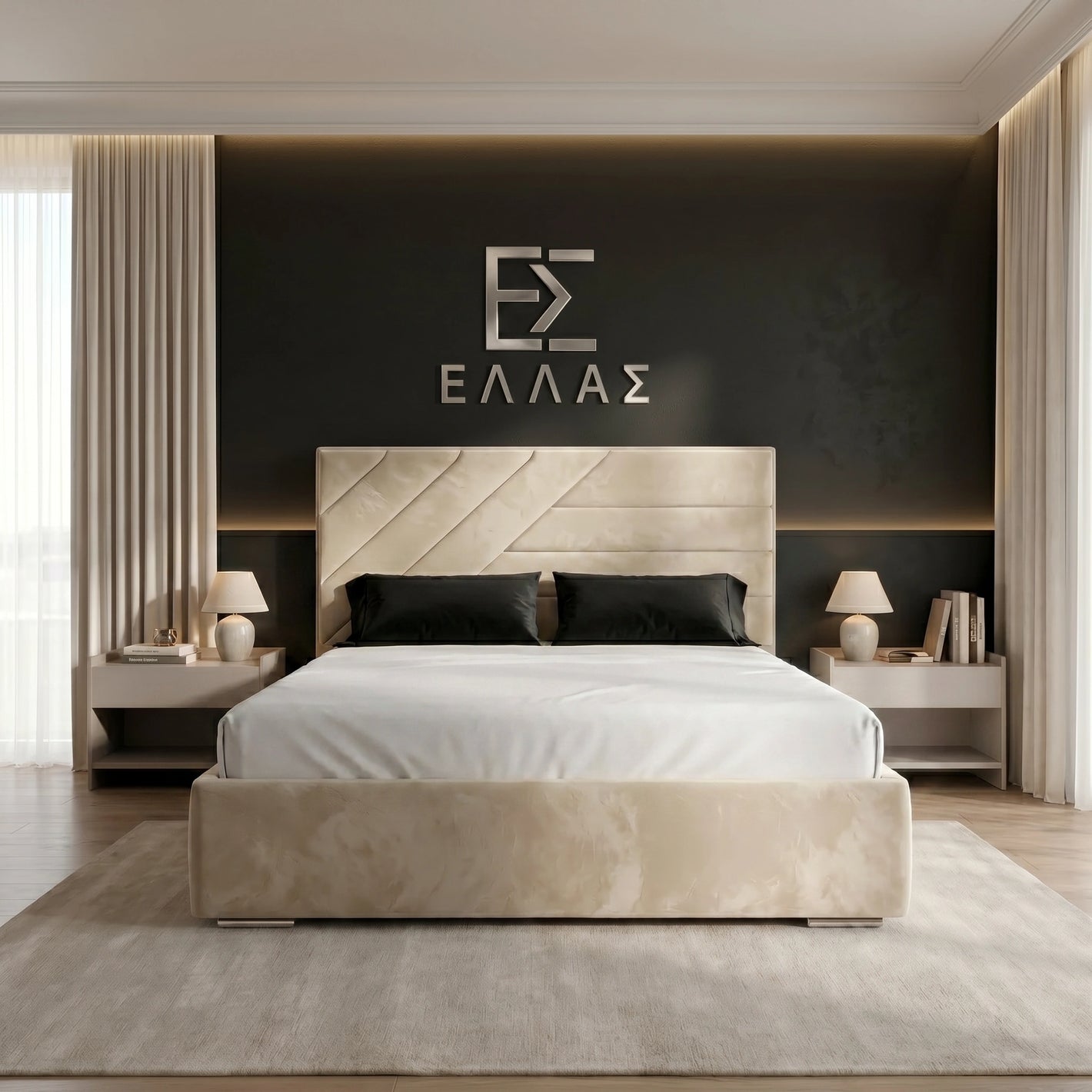 Modern bedroom with a bed and nightstands, featuring the brand 'ELLA'.