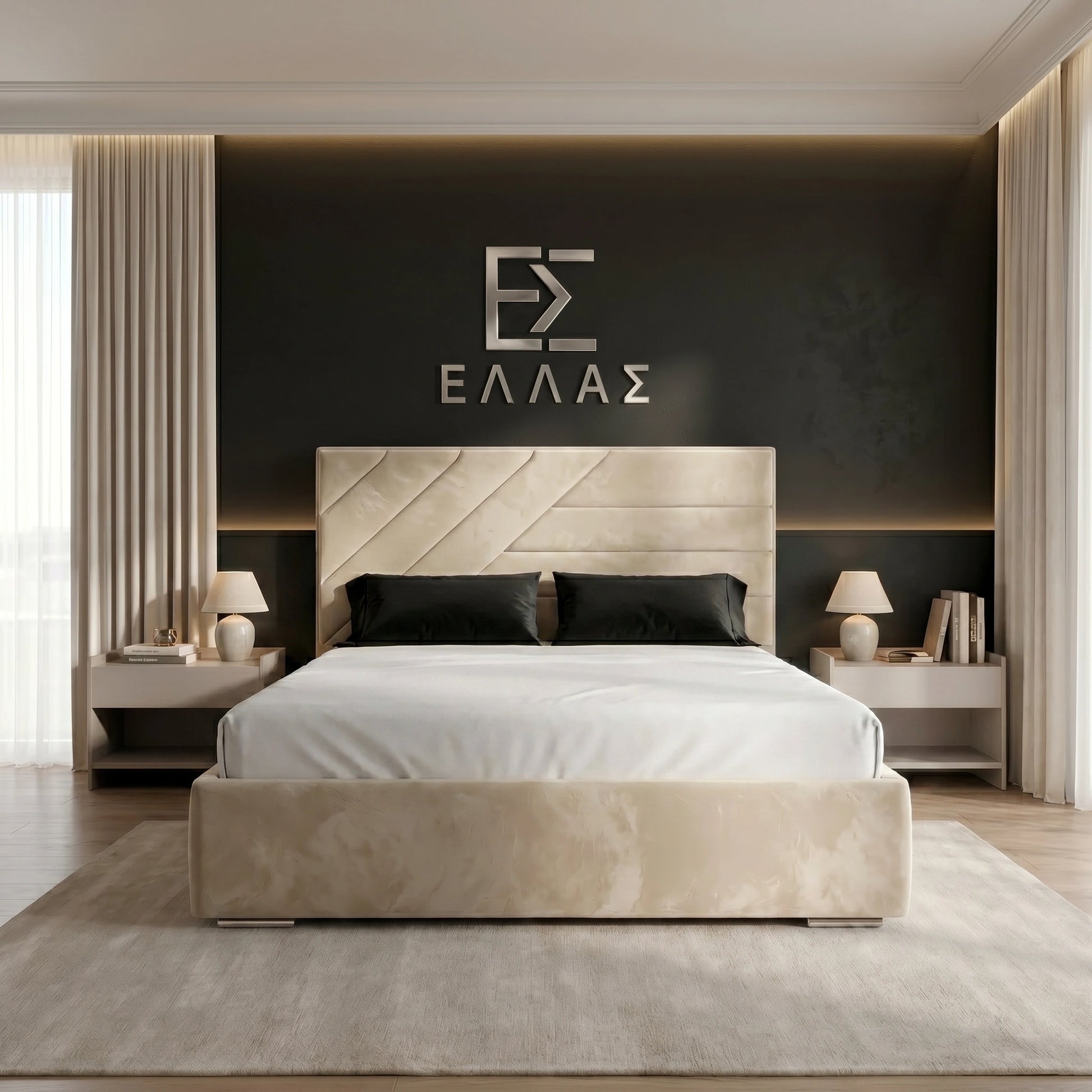 Modern bedroom with a bed and nightstands, featuring the brand 'ELLA'.