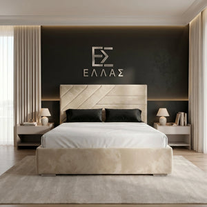 Modern bedroom with a bed and nightstands, featuring the brand 'ELLA'.