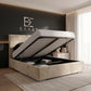 Beige upholstered Geo Ottoman Bed with storage compartment in a modern bedroom setting. 
