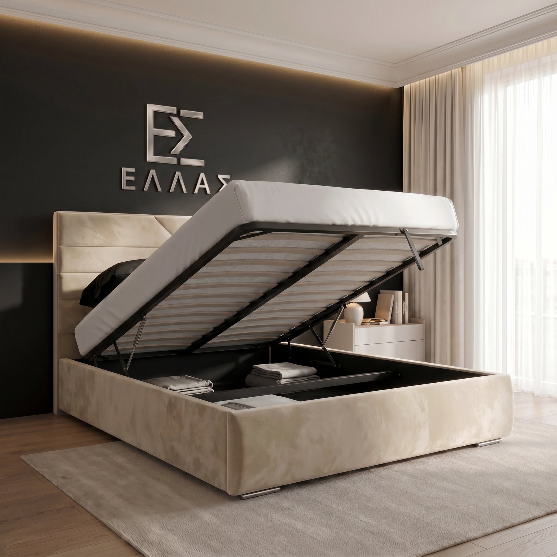 Beige upholstered Geo Ottoman Bed with storage compartment in a modern bedroom setting. 