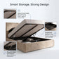 Beige storage Geo Ottoman bed with open lid showing features like heavy-duty mesh metal frame, protective bottom lids, and powerful gas lift pistons.