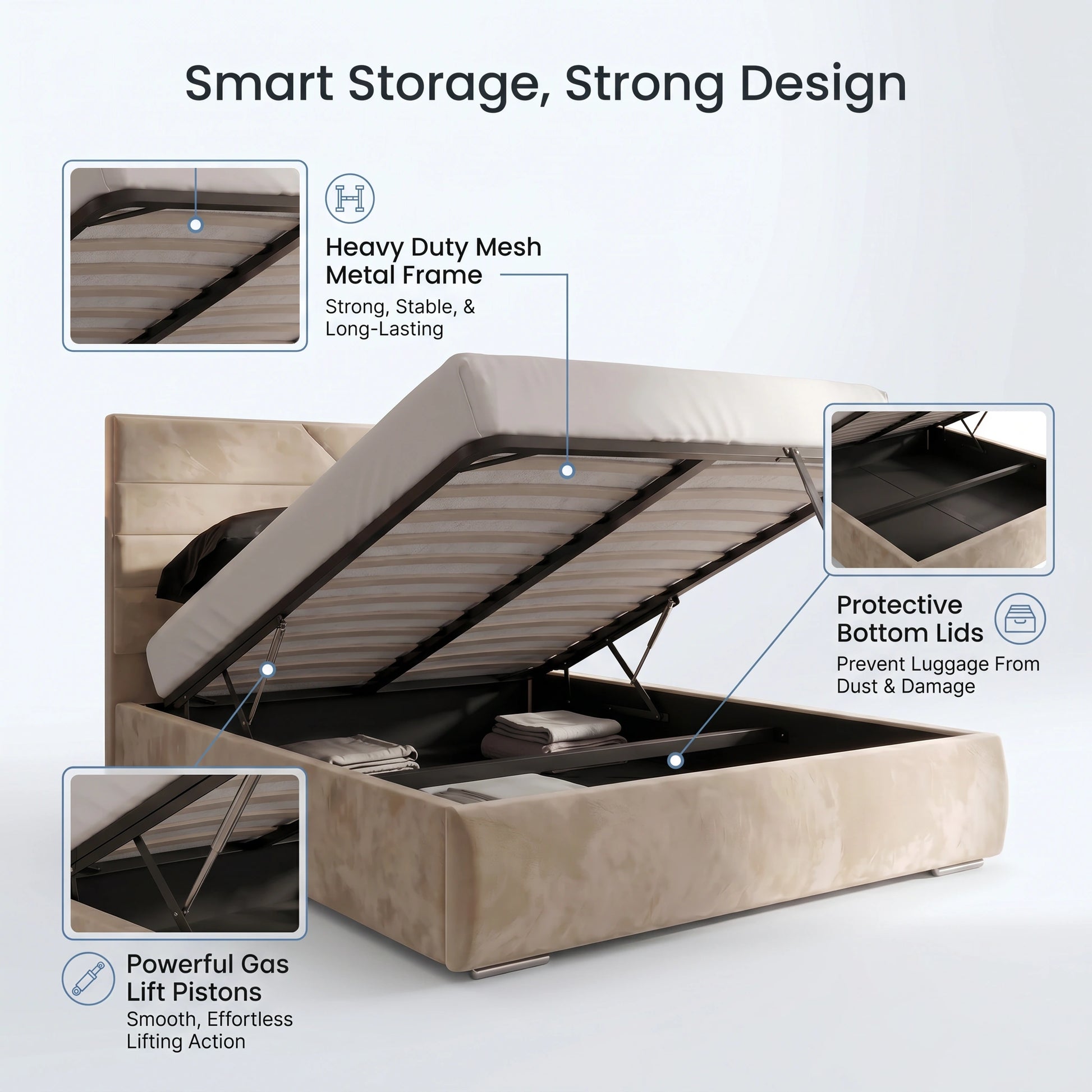Beige storage Geo Ottoman bed with open lid showing features like heavy-duty mesh metal frame, protective bottom lids, and powerful gas lift pistons.