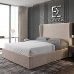 Modern bedroom with a large Marina Elite bed and decorative wall panel.