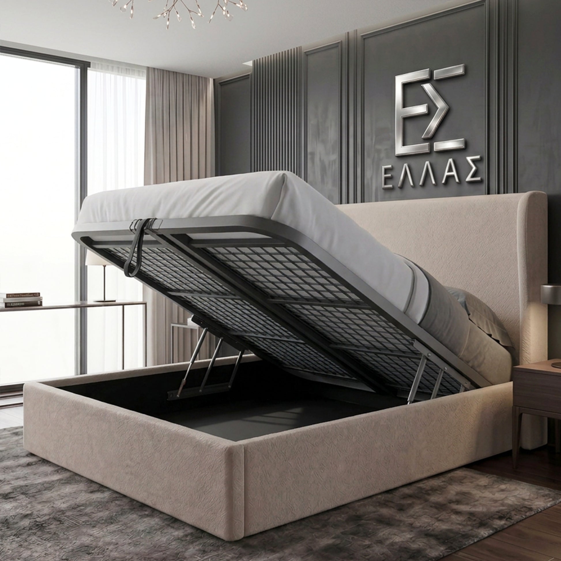 Beige Marina Elite bed with open storage compartment in a modern bedroom setting. 