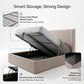 Beige Marina Elite bed with storage compartment featuring text on smart storage and strong design.