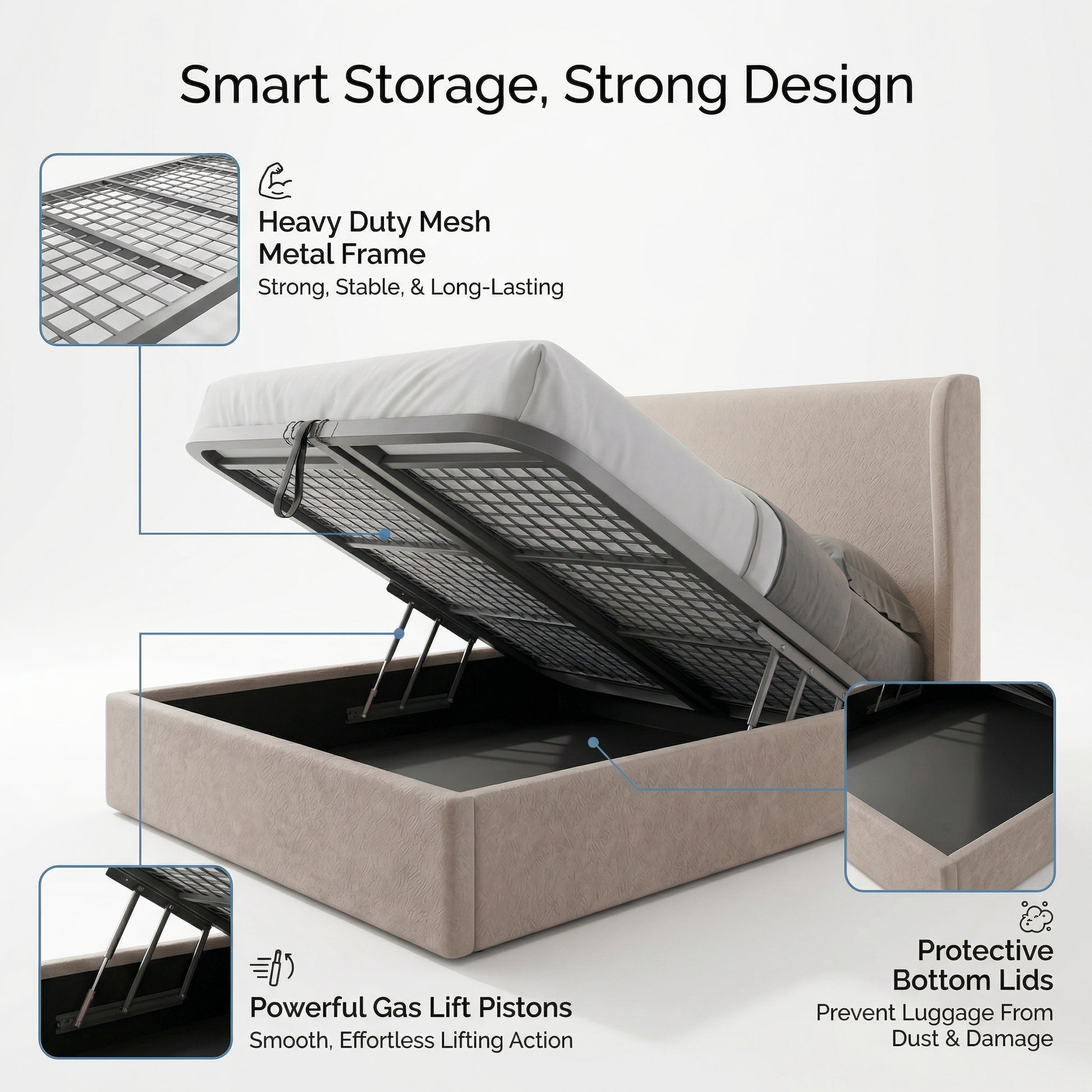 Beige Marina Elite bed with storage compartment featuring text on smart storage and strong design.