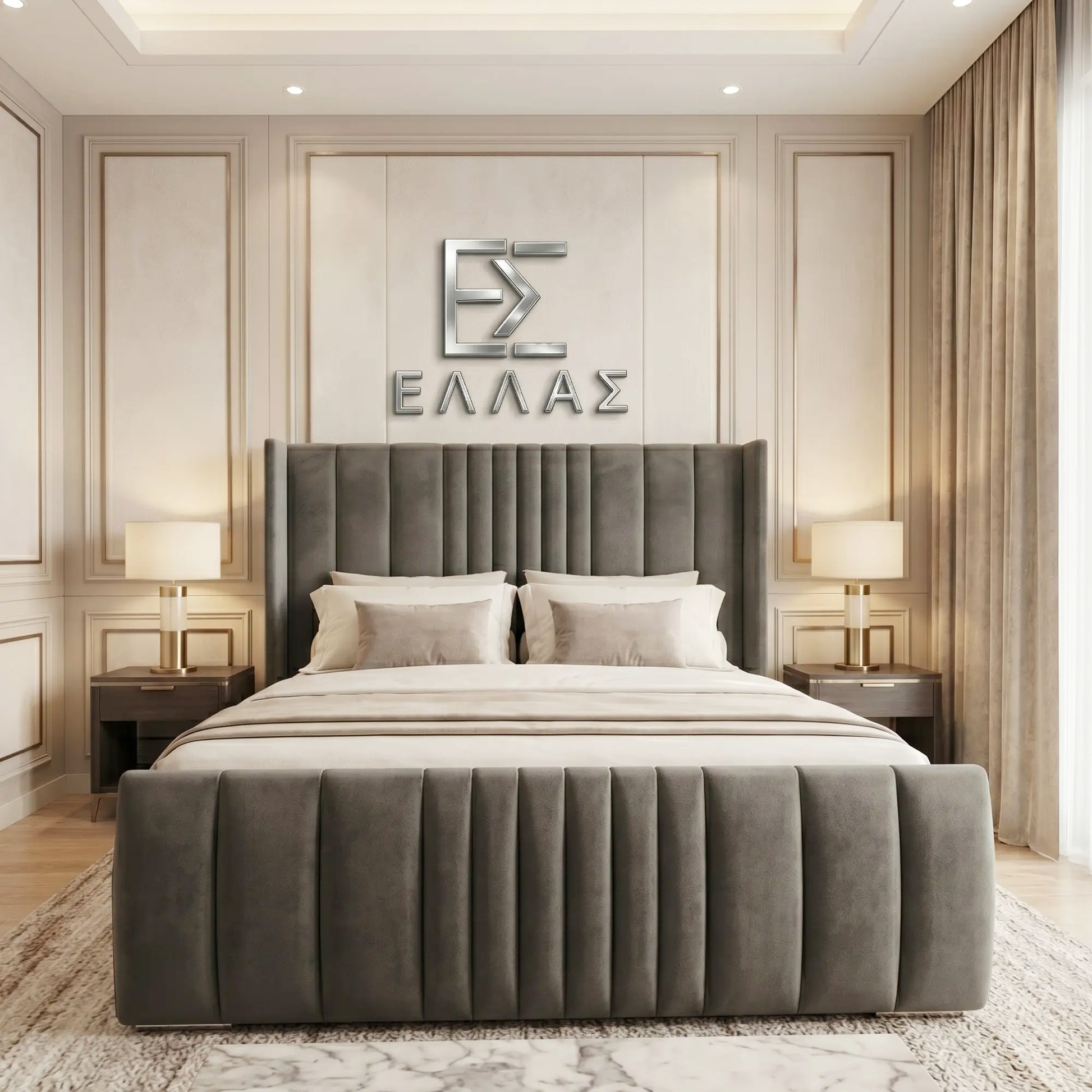 Modern bedroom with a large Mikonos Storage bed and decorative wall art.