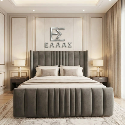 Modern bedroom with a large Mikonos Storage bed and decorative wall art.