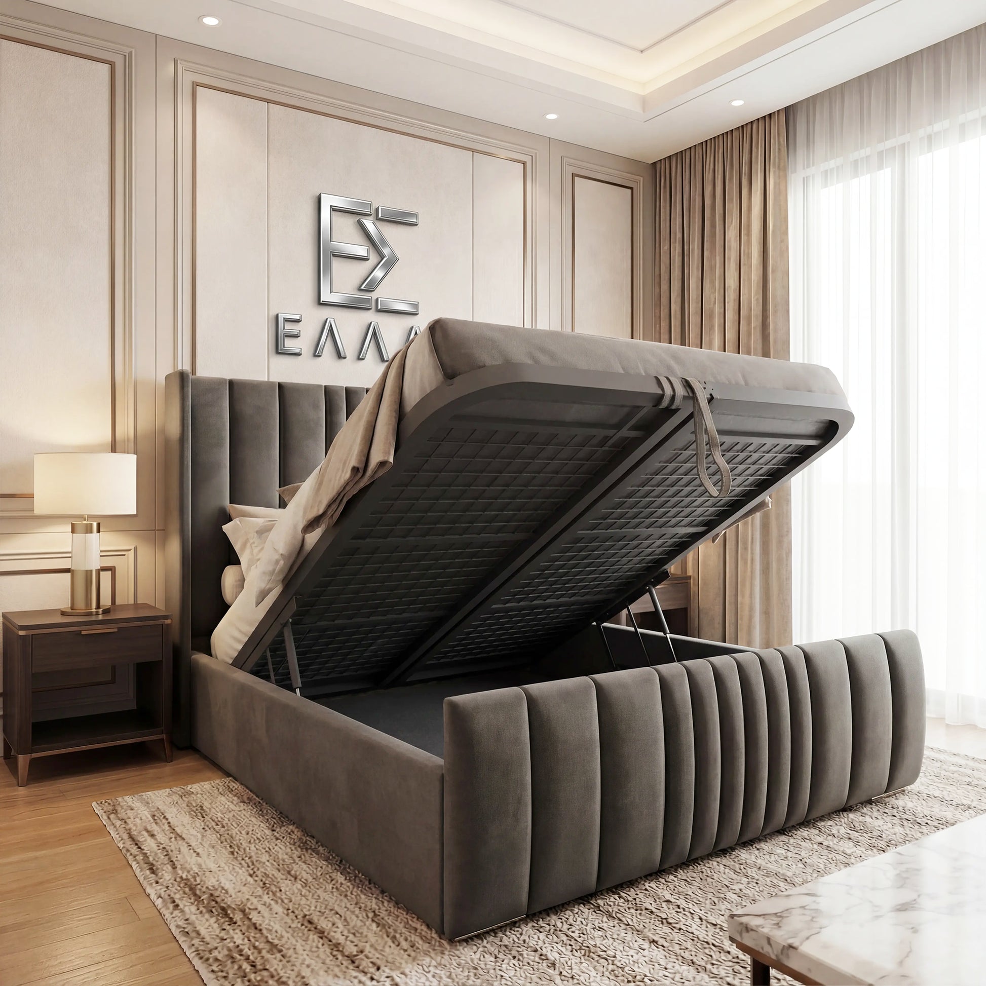 Gray upholstered Mikonos Storage bed with open storage compartment in a modern bedroom.