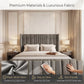 Gray upholstered Mikonos Storage bed in a bedroom setting with fabric details and care instructions.