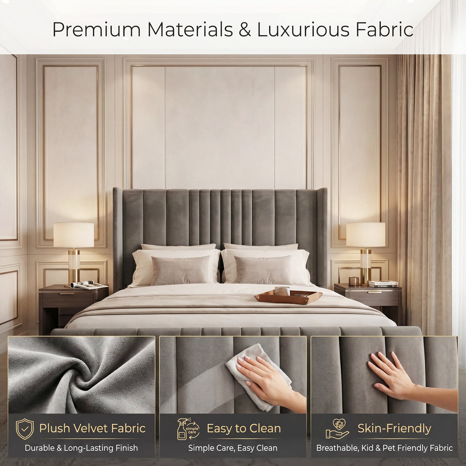 Gray upholstered Mikonos Storage bed in a bedroom setting with fabric details and care instructions.