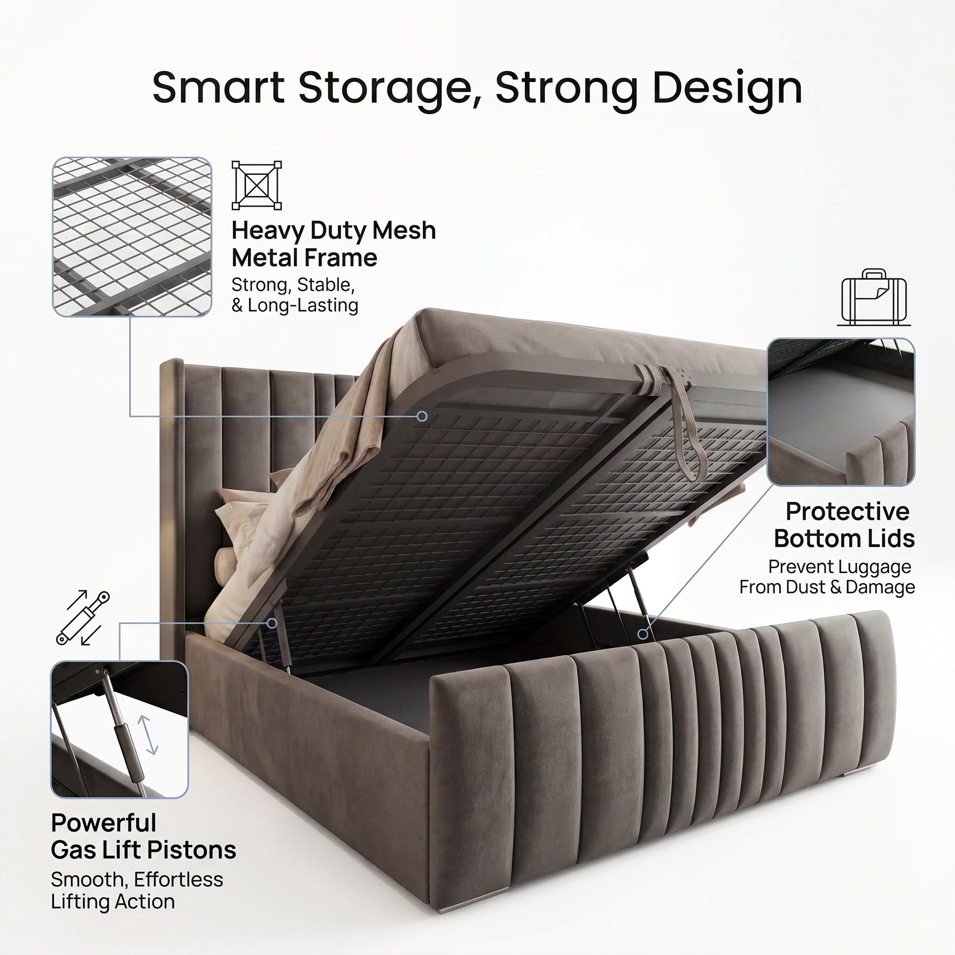 Mikonos Storage bed with features highlighted on a white background