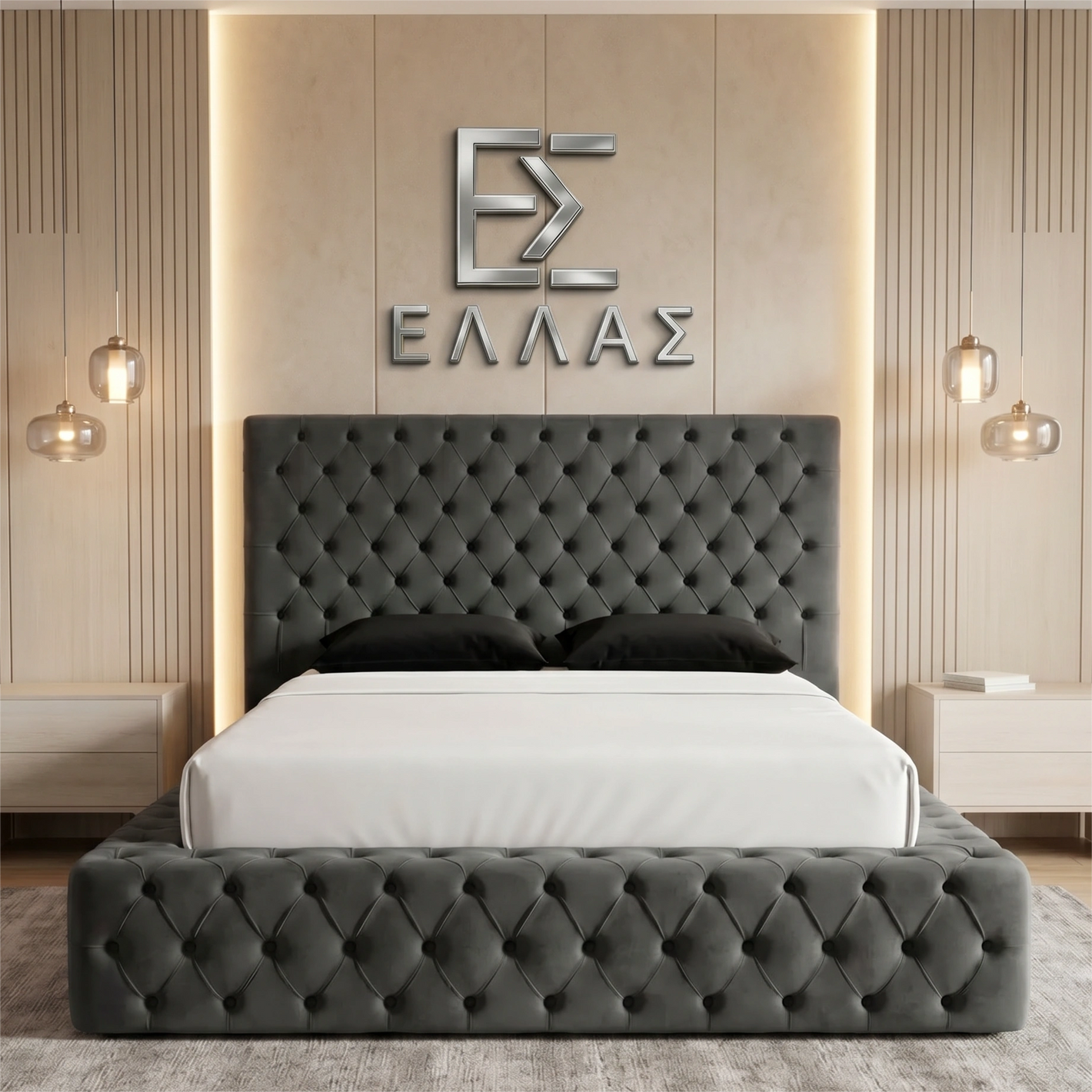 Gray tufted Nera Plush Ottoman bed with white bedding in a bedroom setting, featuring a brand logo on the wall.