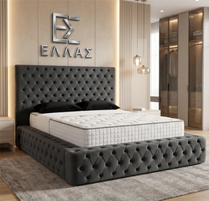 Modern bedroom with a tufted gray Nera Plush Ottoman bed and decorative wall logo.
