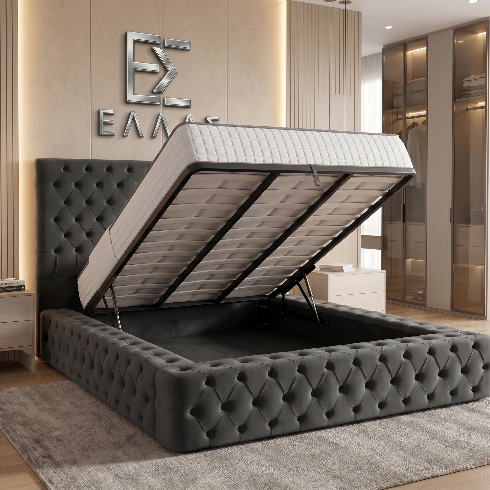 Gray tufted Nera Plush Ottoman bed with open storage compartment in a modern bedroom setting.