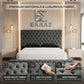 Gray tufted Nera Plush Ottoman bed with luxurious fabric, brand logo, and product features on a neutral background.