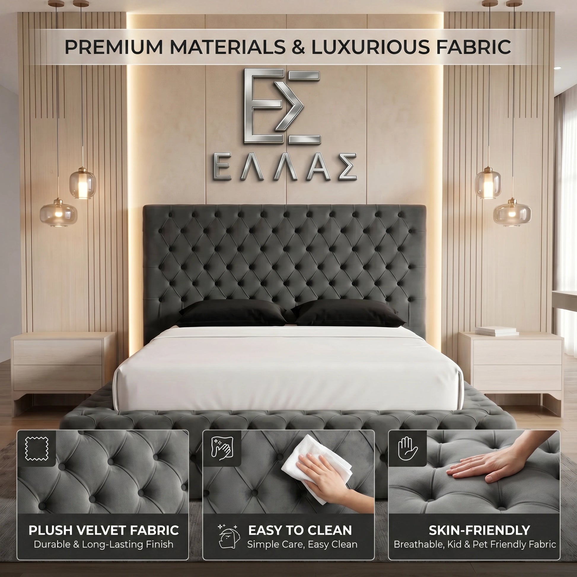 Gray tufted Nera Plush Ottoman bed with luxurious fabric, brand logo, and product features on a neutral background.
