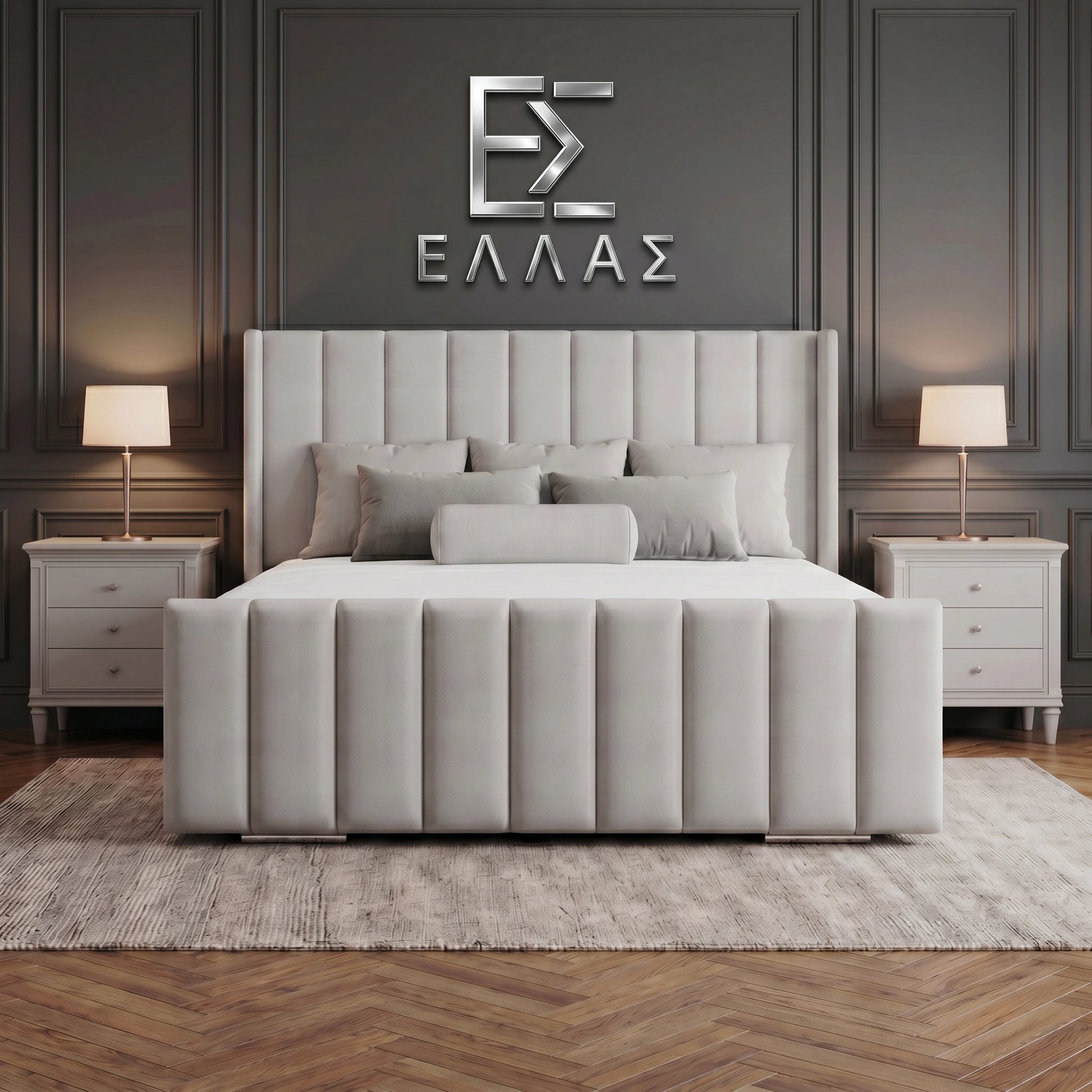 Gray upholstered Newyork Wingback bed in a bedroom setting with 'ELLEA' logo on the wall.