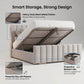 Gray Newyork Wingback bed with storage compartments and features highlighted on a gray background