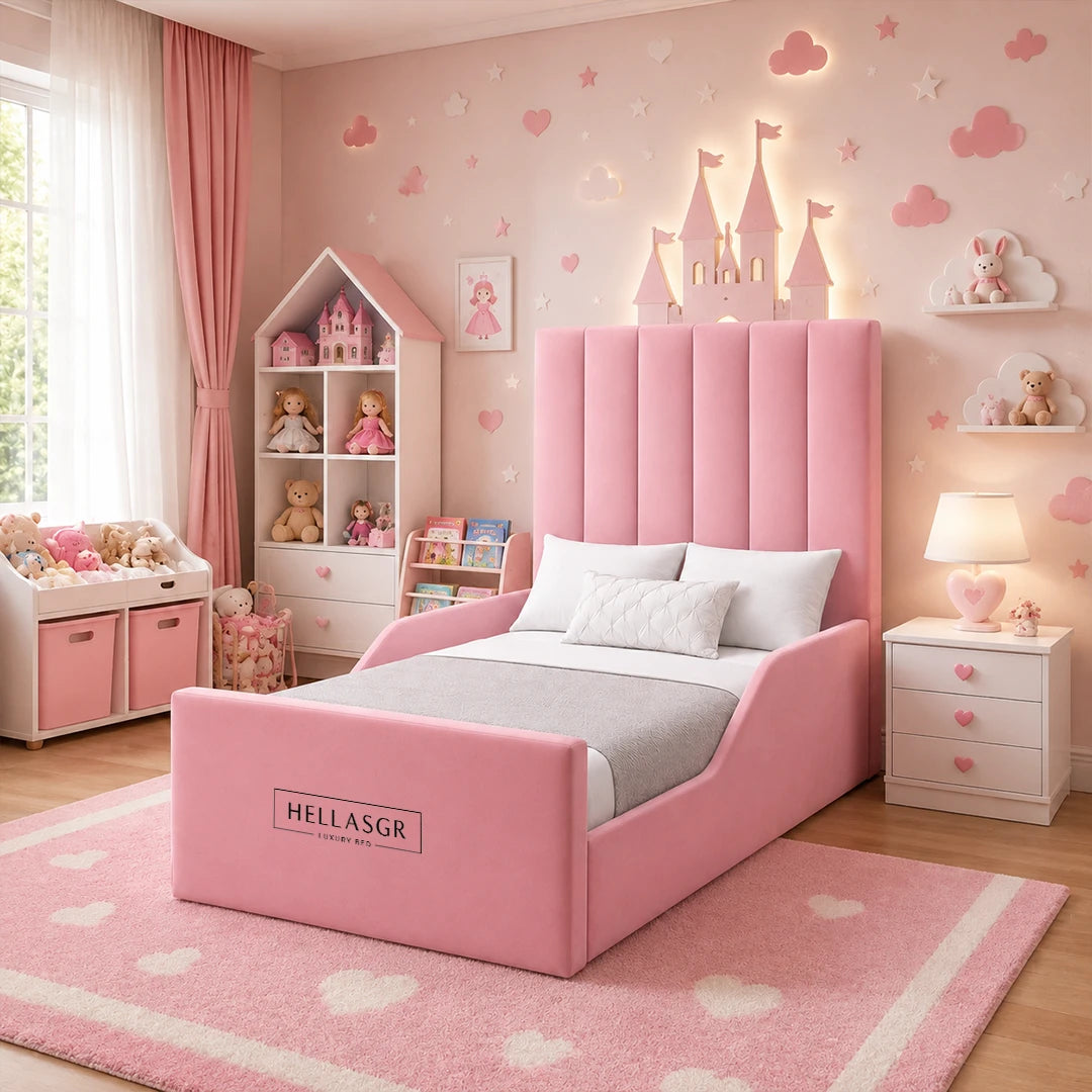 A pink children's bed with a tall channel-tufted headboard and matching footboard,