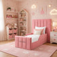 pink kids bed, high headboard bed, single bed
