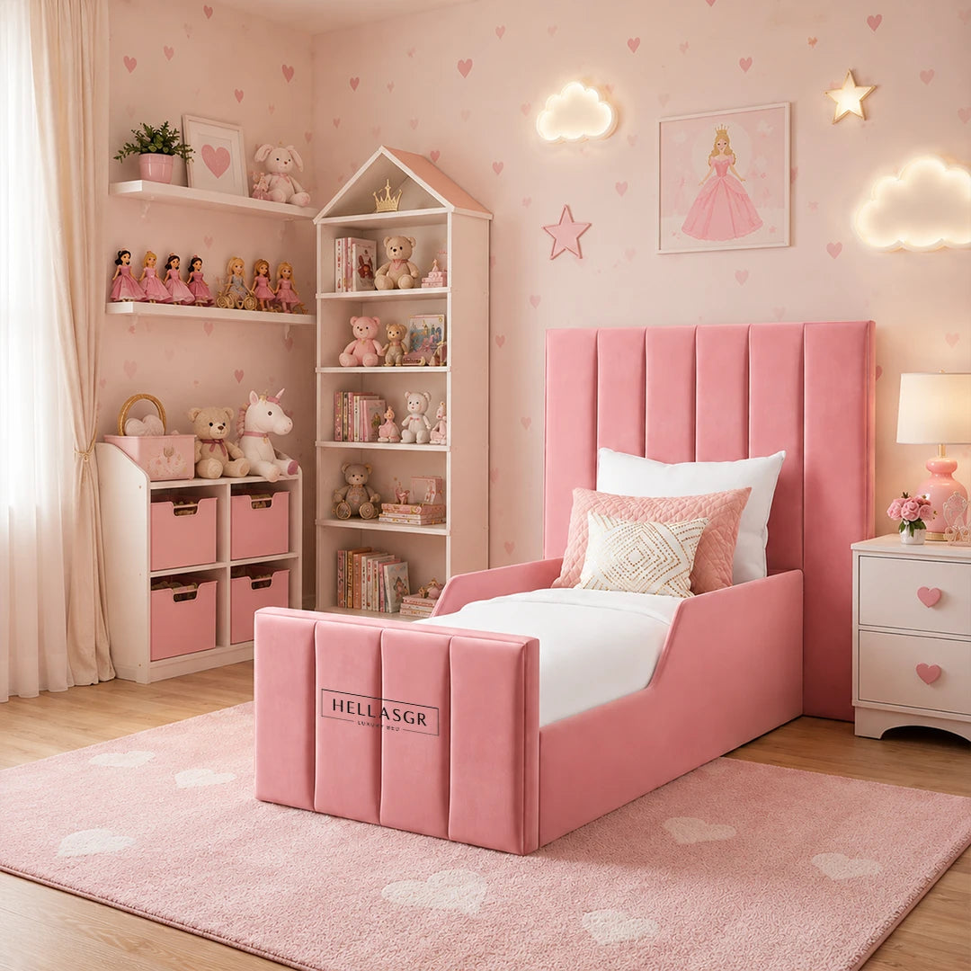 pink kids bed, high headboard bed, single bed