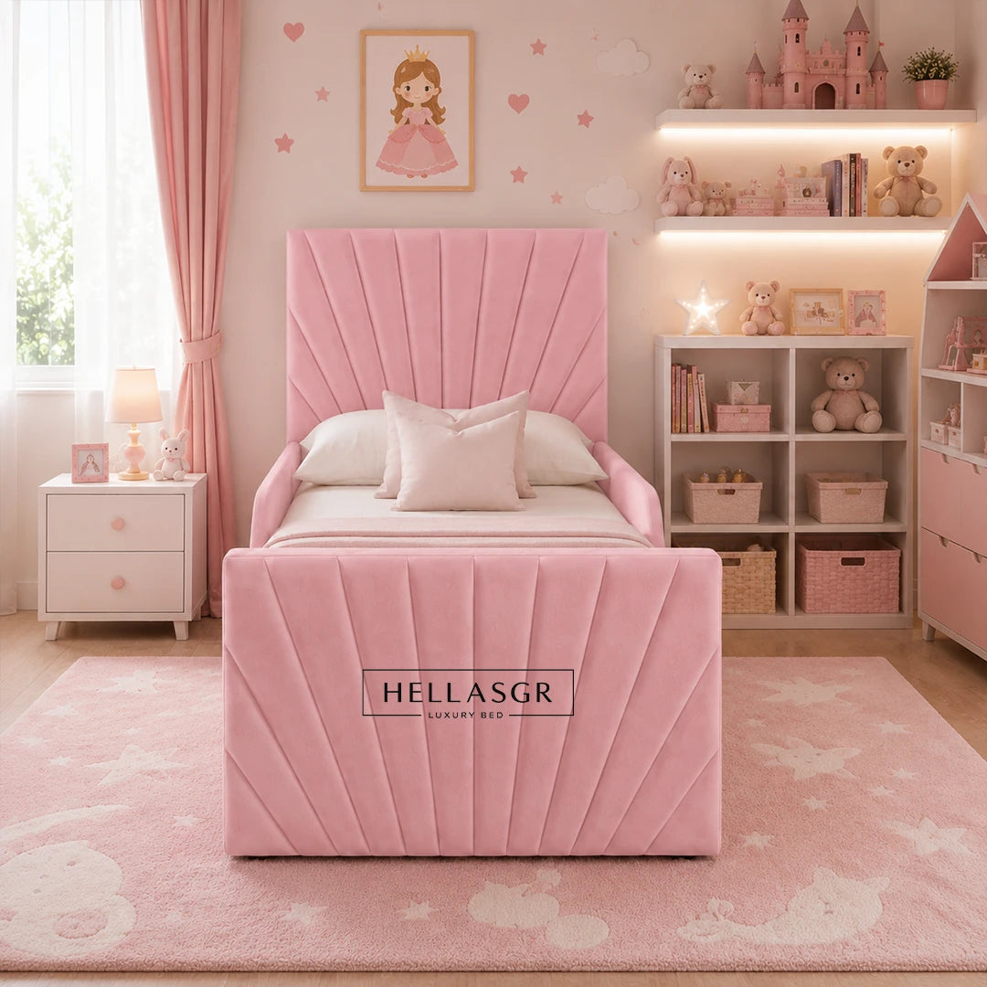 A pink children's single bed with a pleated headboard and footboard