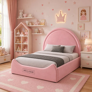 A pink children's bed frame with a curved headboard and footboard