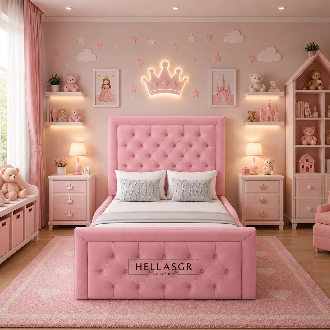 A pink tufted bed frame with a matching headboard and footboard