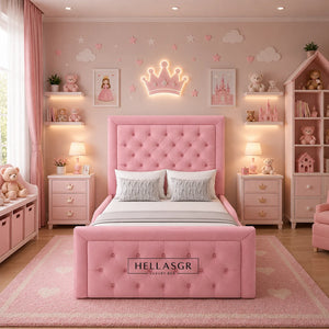 A pink tufted bed frame with a matching headboard and footboard